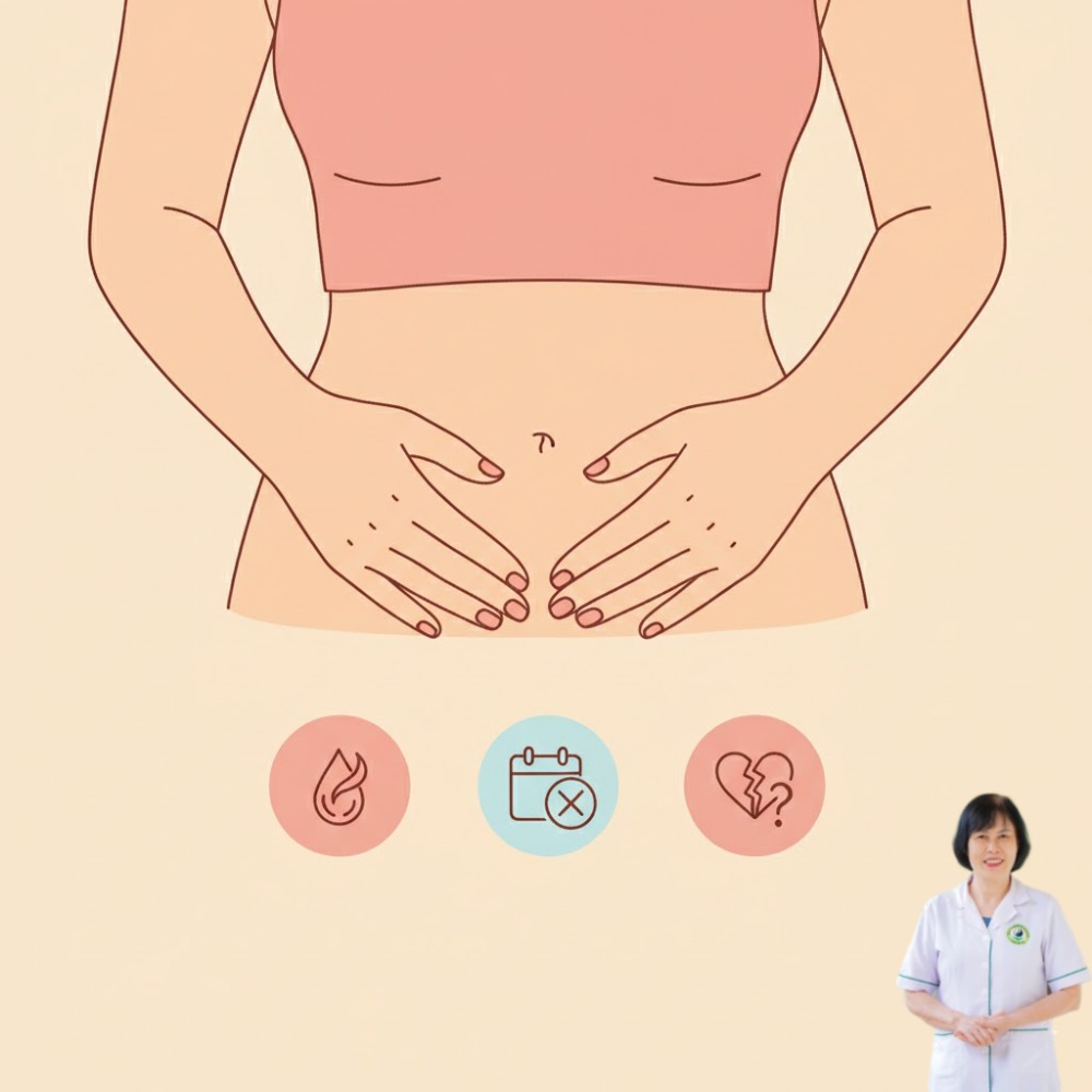 C&aacute;c dấu hiệu như kinh nguyệt đến sớm hoặc muộn bất thường, đau bụng dưới &acirc;m ỉ, hay kh&iacute; hư thay đổi t